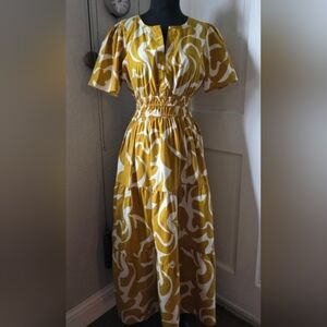 NWT Meadow Rhodes Mustard Yellow And White Printed Dress